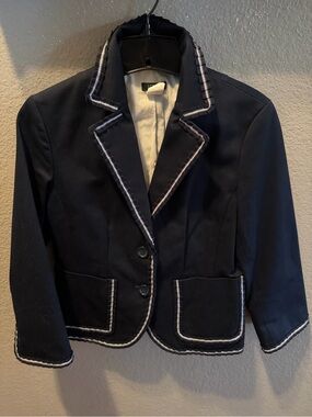J. Crew Cropped Blazer size 6 Navy Cotton Twill Contrast Trim 2000s